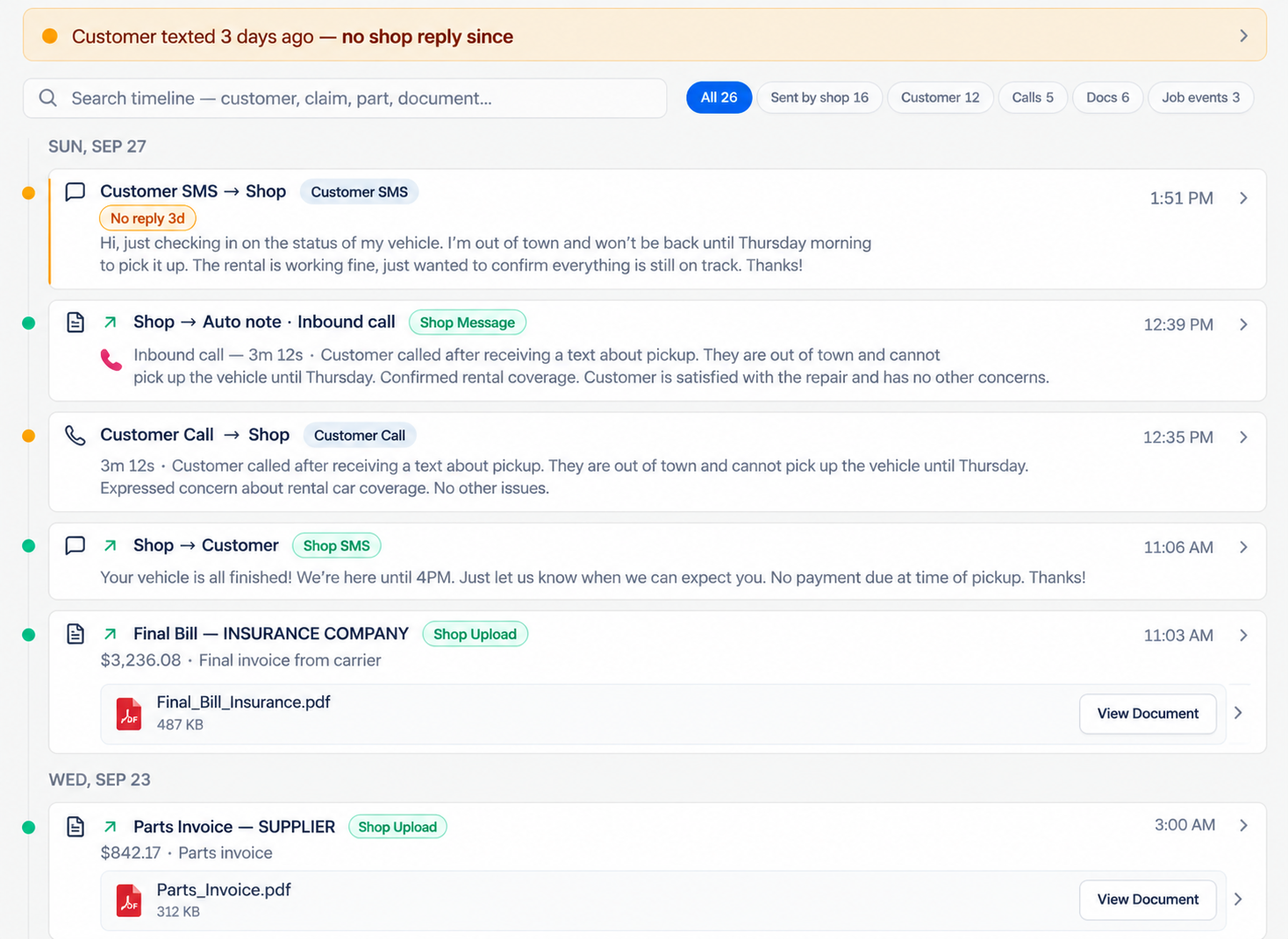 Customer-service timeline showing messages, calls, and uploaded invoices for a vehicle repair.