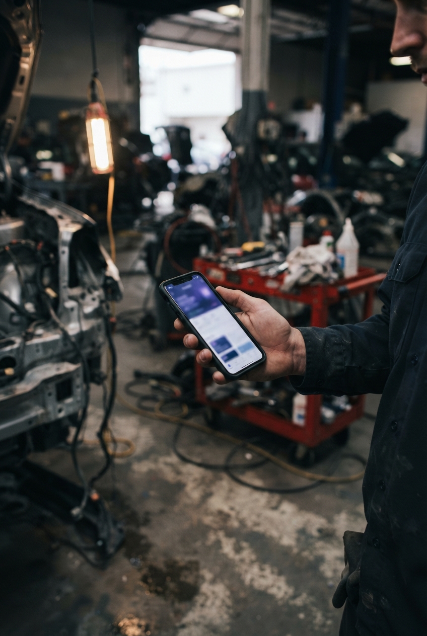 Mechanic holding a smartphone in a dim auto repair workshop beside a red tool cart and exposed vehicle parts.